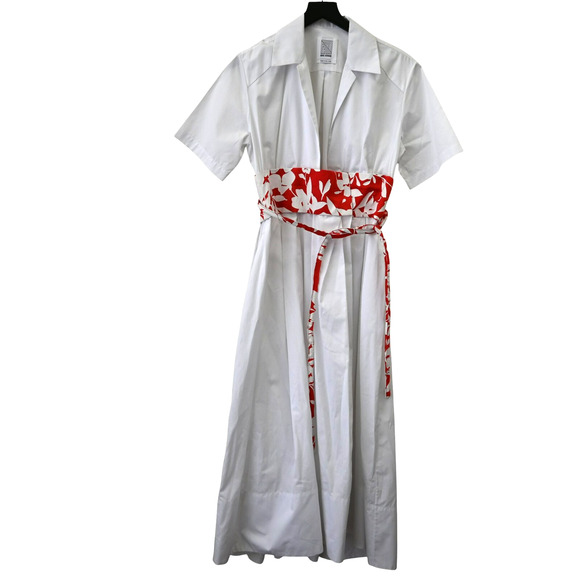 Rosie Assoulin White Cotton Shirt Dress Sz 8 Red Floral Belted Short Sleeve - Picture 1 of 16
